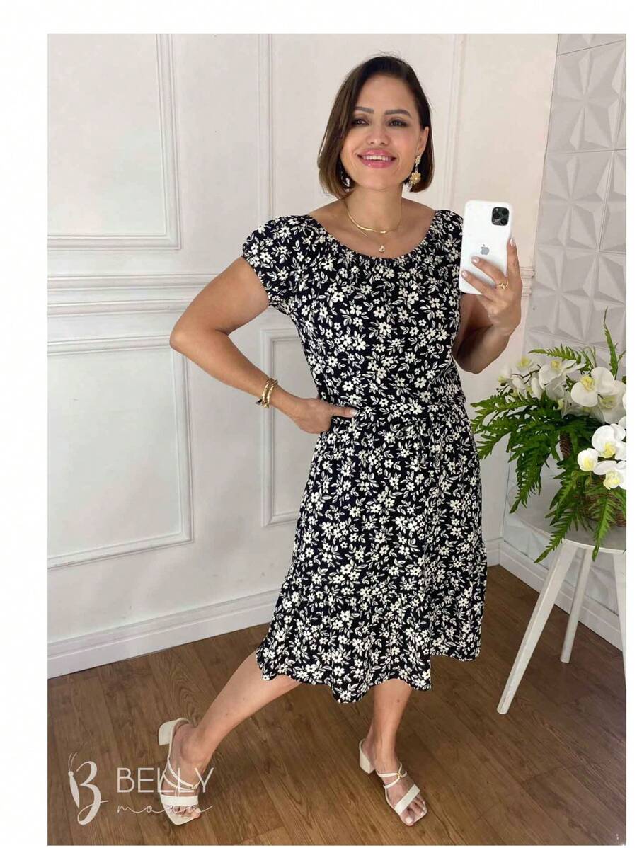 Vestido Ombro a Ombro Estilo Ciganinha Primavera Verão