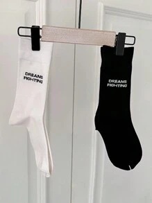 4 Pairs Women Classic Letter Pattern Casual School Daily Wear Sports Mid-Calf Socks