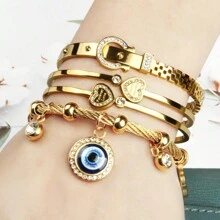 3-In-1 Set: Rhinestones Embedded Double LOVE Stainless Steel Bracelet, & Fashionable, With Romane Braided Steel Wire Bracelet Accessory, Great Gift