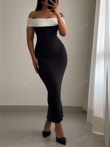 Abito elegante donna midi aderente, con spalle scoperte e blocchi di colore