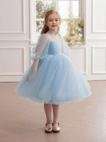 Váy công chúa đính nơ cho bé gái thanh lịch, thích hợp cho tiệc cưới, tiệc tùng, sinh nhật, dạ hội, những dịp quan trọng - Màu xanh nhạt - Xem 8