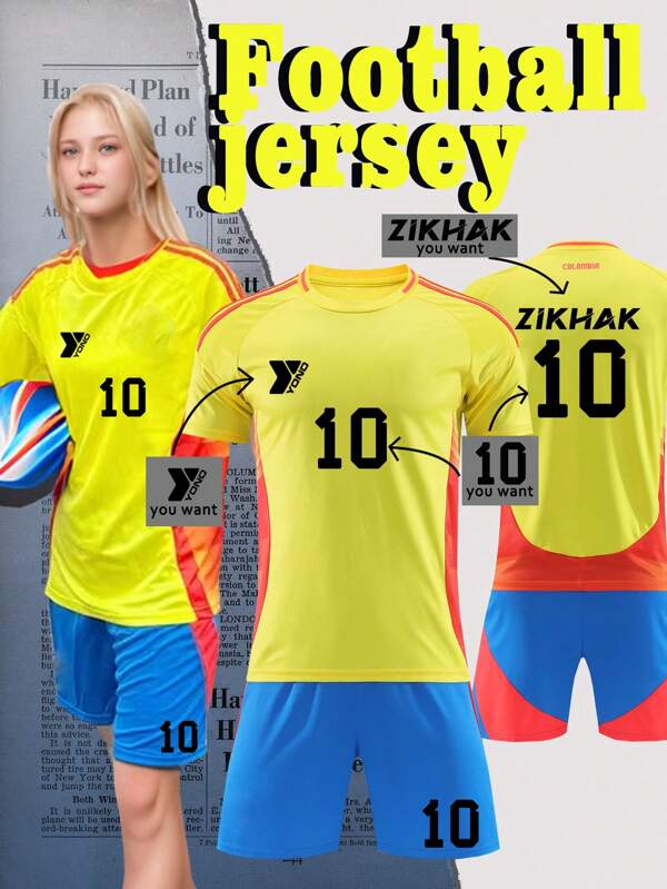 Angepasstes Logo für Sportbekleidung für junge Mädchen, personalisierte individuelle Anpassung, die Anpassung gehört einzigartig dir "2024-2025 anpassbares, auf Kolumbien inspiriertes Fußballset für Teenager Mädchen (Alter 13-16) - Personalisiertes Trikot- und Shorts-Set, Heimdesign-Stil"