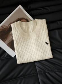 Áo len dệt kim cổ tròn thêu họa tiết phong cách Hàn Quốc cho bé gái, áo tay ngắn nhẹ nhàng cho mùa hè, thường ngày, mặc ở nhà, đi làm, trở lại trường - Màu be - Xem 8