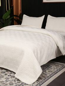 3pcs Luxury Elegant High-End Warm & Comfortable White Solid Color Quilted + Embroidered Multi-Purpose Bedspread Set (Can Be Used As Bedcover Or Blanket), Includes 1pc Bedspread + 2pcs Quilted Pillowcases (No Pillow Insert), Suitable For Bedroom, Living Room, Hotel, Dormitory