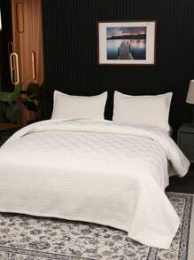 3pcs Luxury Elegant High-End Warm & Comfortable White Solid Color Quilted + Embroidered Multi-Purpose Bedspread Set (Can Be Used As Bedcover Or Blanket), Includes 1pc Bedspread + 2pcs Quilted Pillowcases (No Pillow Insert), Suitable For Bedroom, Living Room, Hotel, Dormitory