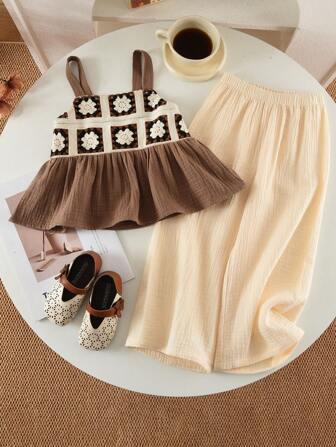 Young Girl 2pcs Casual Flower Woven Ribbon Textured Tank Tops & Trousers For Summer