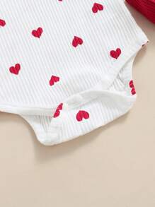 Baby Girls 2 Piece Suit Heart Pattern Ruffle Long Sleeve Round Neck Romper + Suspender Skirt - Red - View 5