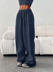 Pantalones deportivos sólidos y sueltos con cintura elástica y bolsillos para mujer - Neblina azul - Ver 6