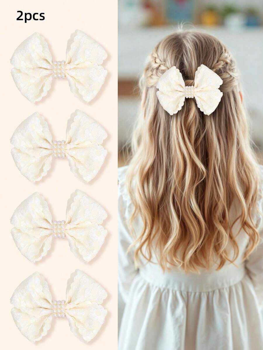 2pcs White Hair Bow Clips For Girls,Fabric Yarn Pearl Hair Bows Clips For Kids,Fashion Alligator Clips Decor Hair Accessories For Toddlers Gifts