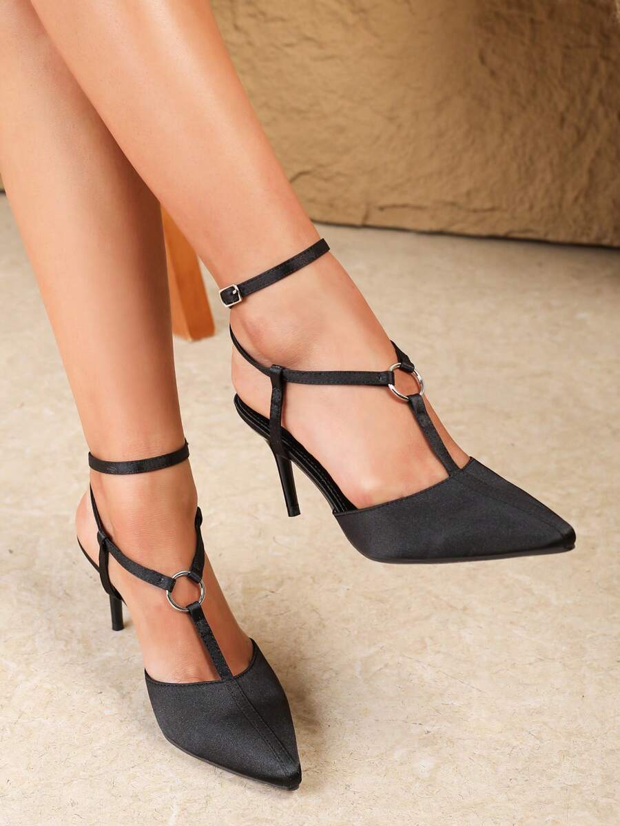 性感时尚 T 型带尖头高跟漆皮高跟休闲百搭裸色细带高跟鞋