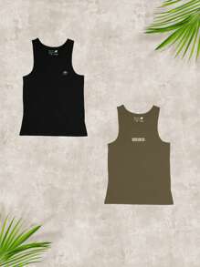 Arraia Maori Kit Of 2 Printed Tank Tops 100% Cotton Basic Summer Gym - 黑色/卡其色 - 查看 2
