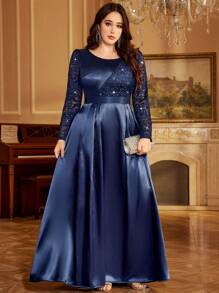 大码女式亮片蕾丝缎面荷叶边优雅舞会礼服，适合舞会、情人节、婚礼宾客、生日、返校节、正式场合、节日等场合的正式礼服 - 藏蓝色 - 查看 6