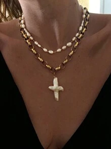 1Pc Pearl Cross Shell DIY Necklace Retro Baroque Style Necklace, Jewelry Gift To Friends - White - View 2