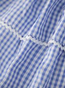 Womens Tiered Ruffled Short Skirts Plaid Print Smocked Waist Lacy Trim Cute Mini Skirts - 藍色 - 查看 5