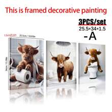 3pcs Scottish Highland Cow Funny Bathroom Print, Farm Animal Humor, Whimsical Highland Cow Lover Gift, Wall Canvas Art, Vintage Western Home Decor , Cottagecore Posters For Room, Funny Wall Decor , Room Decor Aesthetic, Room Decoration Stuff
