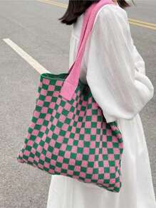 1 szt. Hollow Bag Color Blocking Crochet Handbag Torba na ramię Duża pojemność Modna torba plażowa Uniwersalna torba dojazdowa Duża pojemność Dzianinowa torba typu hobo Uroczy wzór serca Torba typu tote Damska codzienna torebka szydełkowa na ramię Portfel Y2k Prezent, codzienny urlop, torba plażowa, torba na ramię, dwukolorowy wzór w kratkę, artystyczny styl Torba szkolna i torba na książki dla kobiet lub uczniów, idealna na książki, zakupy, powrót do szkoły i nie tylko