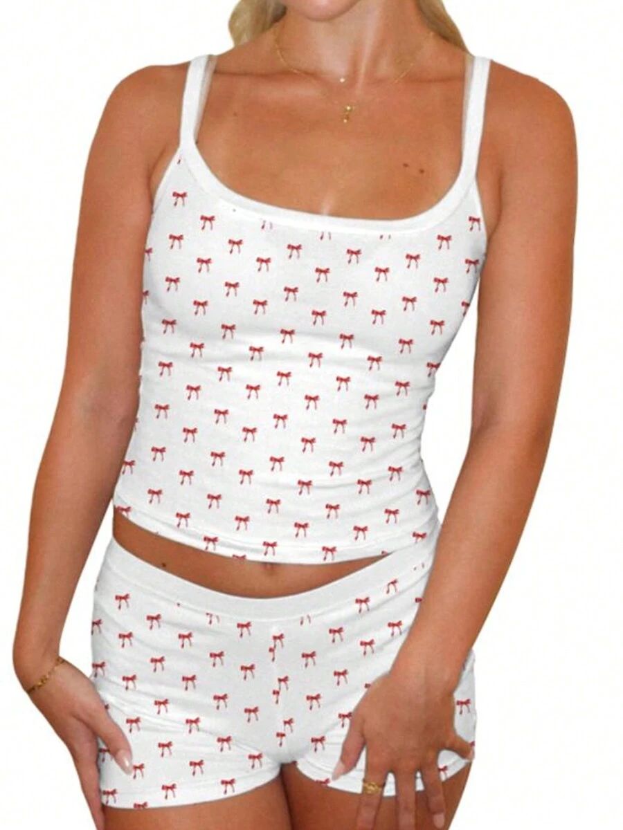 Women 2 Piece Y2K Pajama Set Sleeveless Square Neck Heart Bow Cami Top Shorts Valentine Sleepwear Lounge Matching Set - Nhiều màu - Xem 1