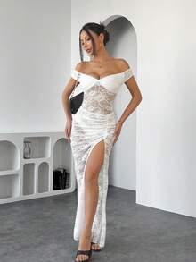 Women Sexy Lace Off-The-Shoulder Bodysuit + High Slit Skirt Set - White - View 3