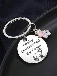1pc New Easily Distracted By Cows Cow Pendant Stainless Steel Keychain, Holiday Party Keychain Small Gift - Multicolor - View 1