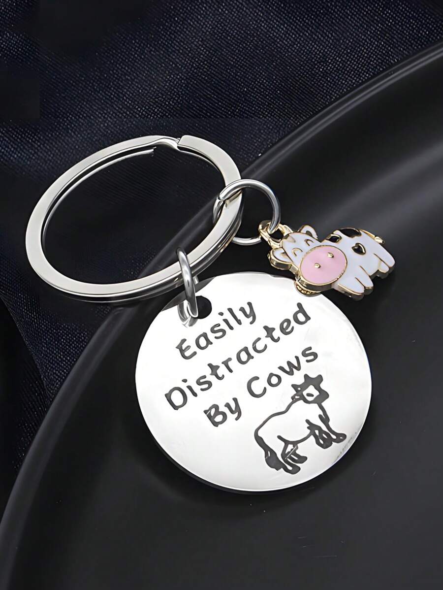 1pc New Easily Distracted By Cows Cow Pendant Stainless Steel Keychain, Holiday Party Keychain Small Gift - Multicolor - View 1