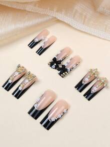24 件 Y2K 风格指甲长方形按压指甲黑色法式尖头光泽全覆盖假指甲 3D 金属十字架和蝴蝶黑色蝴蝶结假指甲适合女士和女孩 - 包括指甲锉和果冻粘合剂指甲用品 - 黑色 - 查看 5