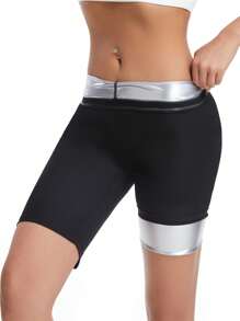 1 pieza Medias deportivas para mujer, mallas de fitness para adelgazar la cintura, pantalones cortos de yoga que levantan el trasero y sueltan el sudor rápidamente, para entrenamiento y ejercicio en casa - Negro - Ver 6