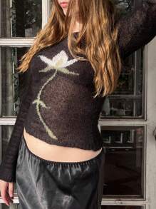 Tops de punto con estampado floral para mujer, camisetas de manga larga con cuello barco y corte ajustado, suéteres transparentes - Flores blancas y negras - Ver 6