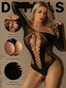 性感内衣火辣水钻长袖镂空网眼连衣裙性感连体丝袜渔网 - 黑色 - 查看 11