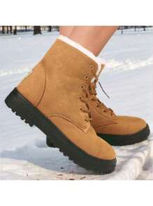 Las mujeres de invierno al aire libre antideslizante botas de nieve caliente, la moda con cordones de fondo grueso tobillo botas botas cortas, 2024 nuevas botas de nieve forrada de felpa - Marrón - Ver 2