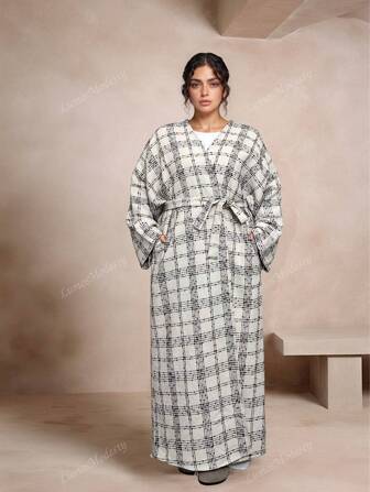 Women's Plaid Batwing Sleeve Pockets Elegant Arabic Style Long Dress,Modest