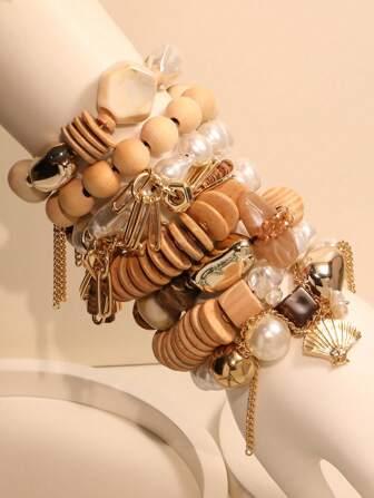 1pc kralen armband van natuurlijke kokosnootschaal en hout, kaki kleur, geschikt voor vrouwen, geschikt voor vakantie, strand en dagelijks gebruik