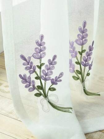 1Pc,Pastoral Embroidered Curtain Purple Lavender Flower Tulle Curtains White Sheer Curtain For Living Room Bedroom Office Home Decor