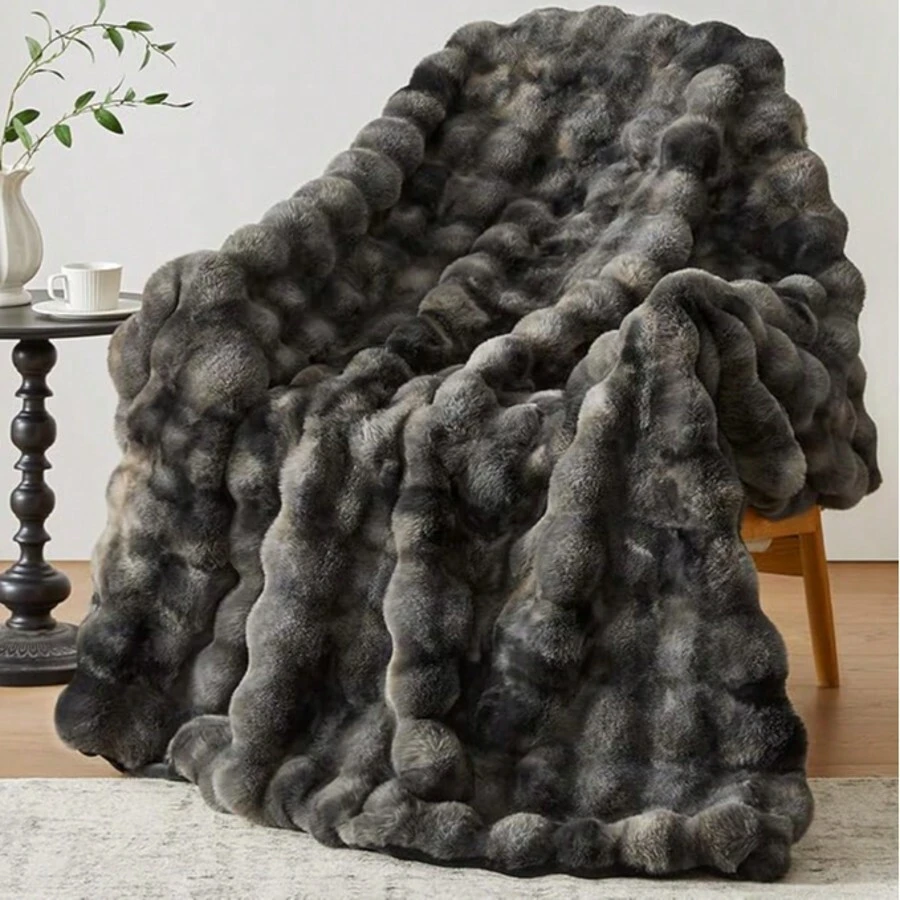 Faux Fur Throw Blanket, 1000GSM Fluffy Soft Bubble Blanket For Couch Bed, Cozy Plush Warm And Thick Blanket, Fuzzy Rabbit Lola Blanket For Living Room Bedroom 50''*60'' Tie-Dye Grey - 灰色 - 查看 1