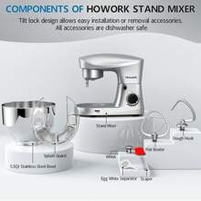 HOWORK Stand Mixer,5-QT 350W 10-Speed Tilt-Head Food Mixer, Kitchen Electric Mixer With Dough Hook, Wire Whip & Beater - 美規A型插(110-127V) - 查看 2