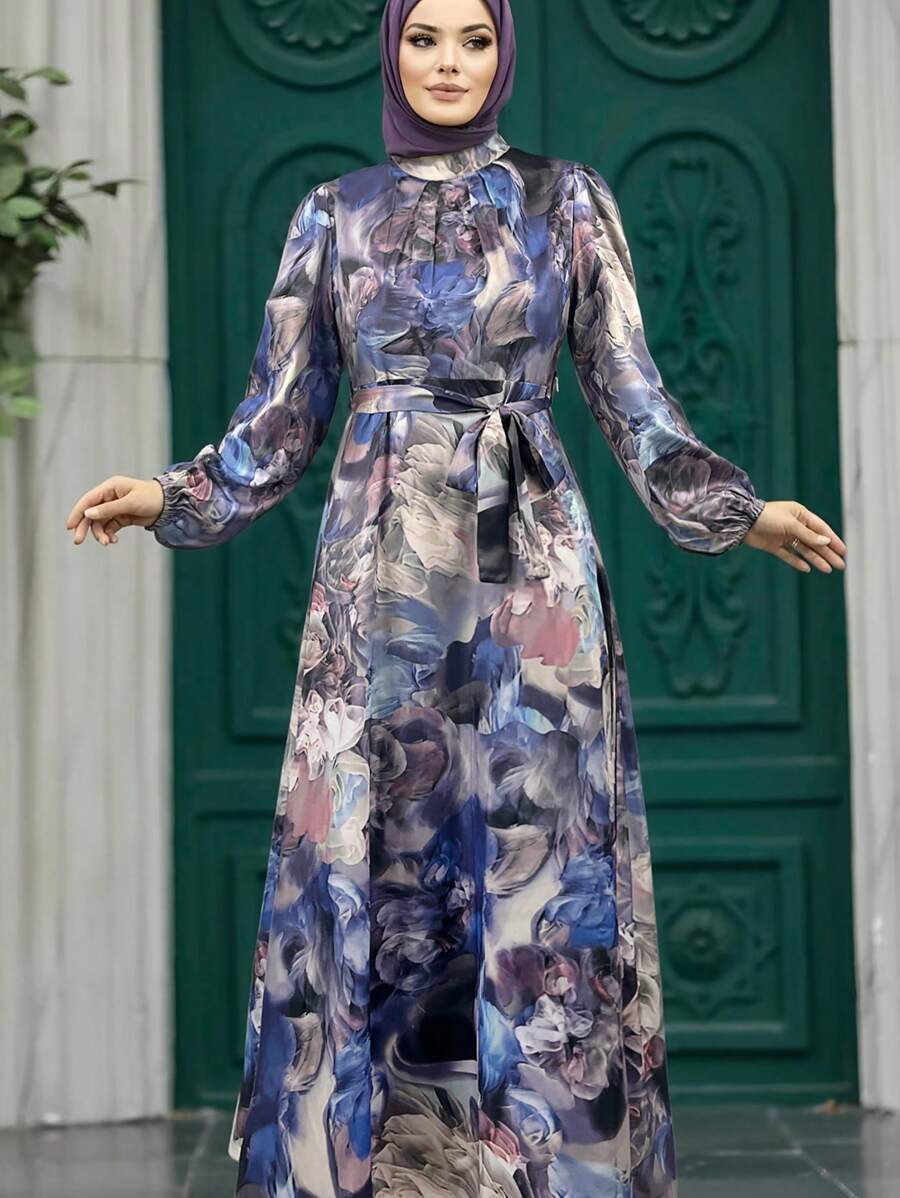 女款優雅花卉印花保守長洋裝,長袖繫腰夏季洋裝,適合度假、婚禮賓客、派對與秋季穿著 - 彩色 - 查看 1