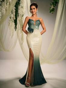 AOSHABABI TOPS Elegant Luxurious Sequin Gradient Floral Sleeveless High Slit Mermaid Evening Gown Dress (Heavy Work), The Skirt Gradient Changes From Green To Green, Like A Natural Painted Scroll, Showcasing The Green Transformation From Early Spring To Midsummer. Suitable For All Formal Occasions, Large Evening Galas, Wedding Guests, Holiday Parties, Prom, Cocktail Parties, Dates, Holidays, And Bridesmaid Dress, Party Dress