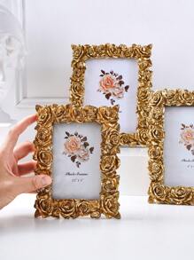 1 pieza Marco de fotos decorativo vintage europeo dorado con flores, marco de fotos de rosa, marco de sobremesa dorado, marco de fotos tallado, marco decorativo, marco de fotos, marco de imagen, marco de exhibición de fotos para el hogar, uso horizontal y vertical, con 1 papel insertado al azar, para exhibición de fotos y decoración del hogar - Dorado - Ver 2