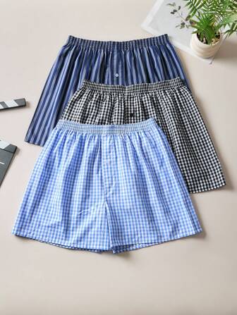 3 条装 男士经典格子条纹 Aro 裤 休闲透气平角内裤