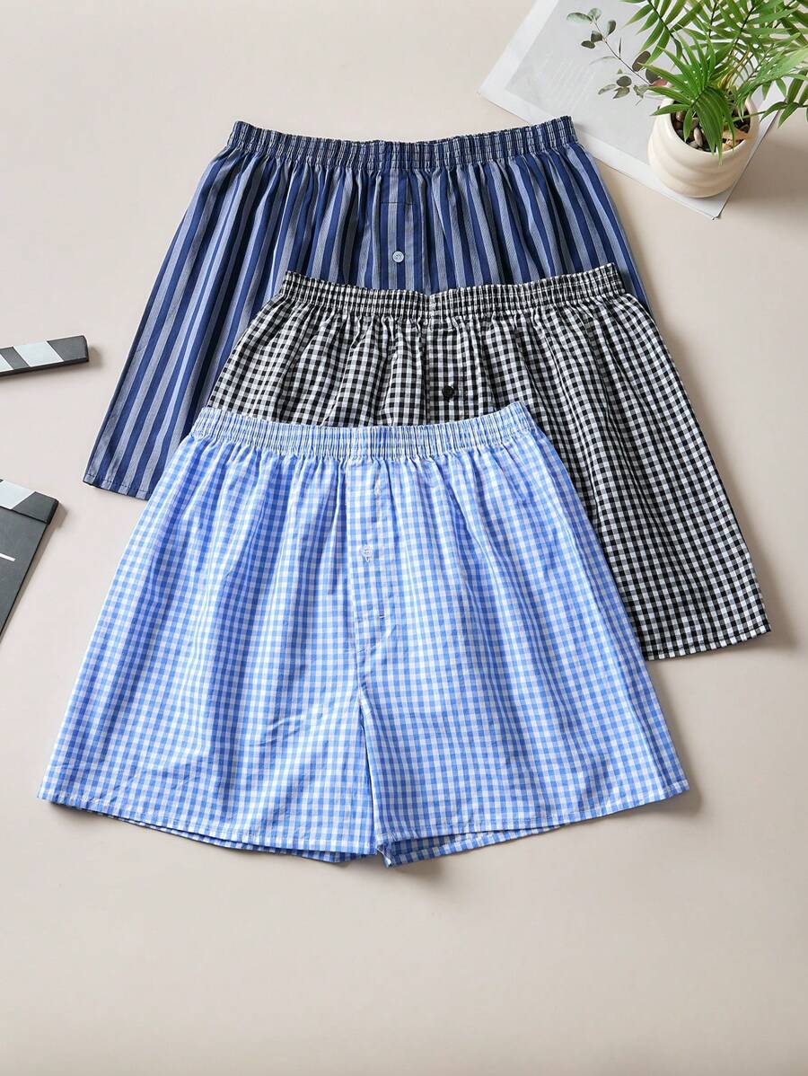 3 条装 男士经典格子条纹 Aro 裤 休闲透气平角内裤 - 彩色 - 查看 1