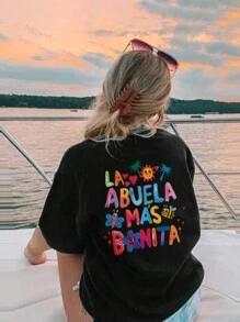 1 pezzo Maglietta casual da ragazza con grafica, collo rotondo, maniche corte, con stampe di alberi di cocco, sole e animali carini in stile artistico, per ispirare l'immaginazione e l'espressione di sé delle ragazze pre-adolescenti, indumento estivo per studenti