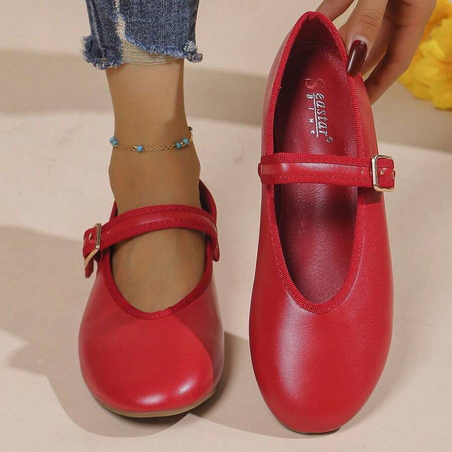 Zapatos planos para mujer, cómodos, de moda, elegantes de punta redonda con hebilla individual - Rojo - Ver 1