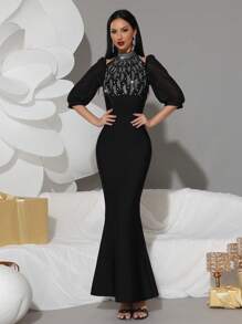 Modphy Rochie neagră, sexy, cu gât cu șalț, strasuri strălucitoare, cu panou de plasă, rochie de seară formală de petrecere pentru femei, pentru banchet de nuntă, rochie pentru invitați de nuntă