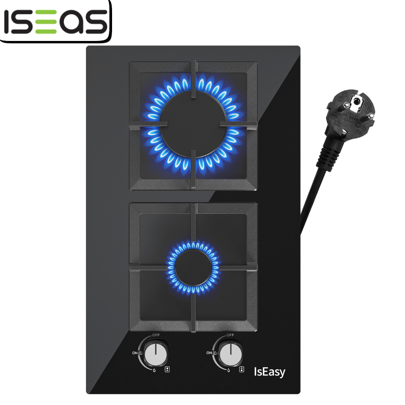 IsEasy Piano cottura a gas da 30 cm piano cottura da incasso vetro nero fornello a gas 2 fiamme 220-240 V