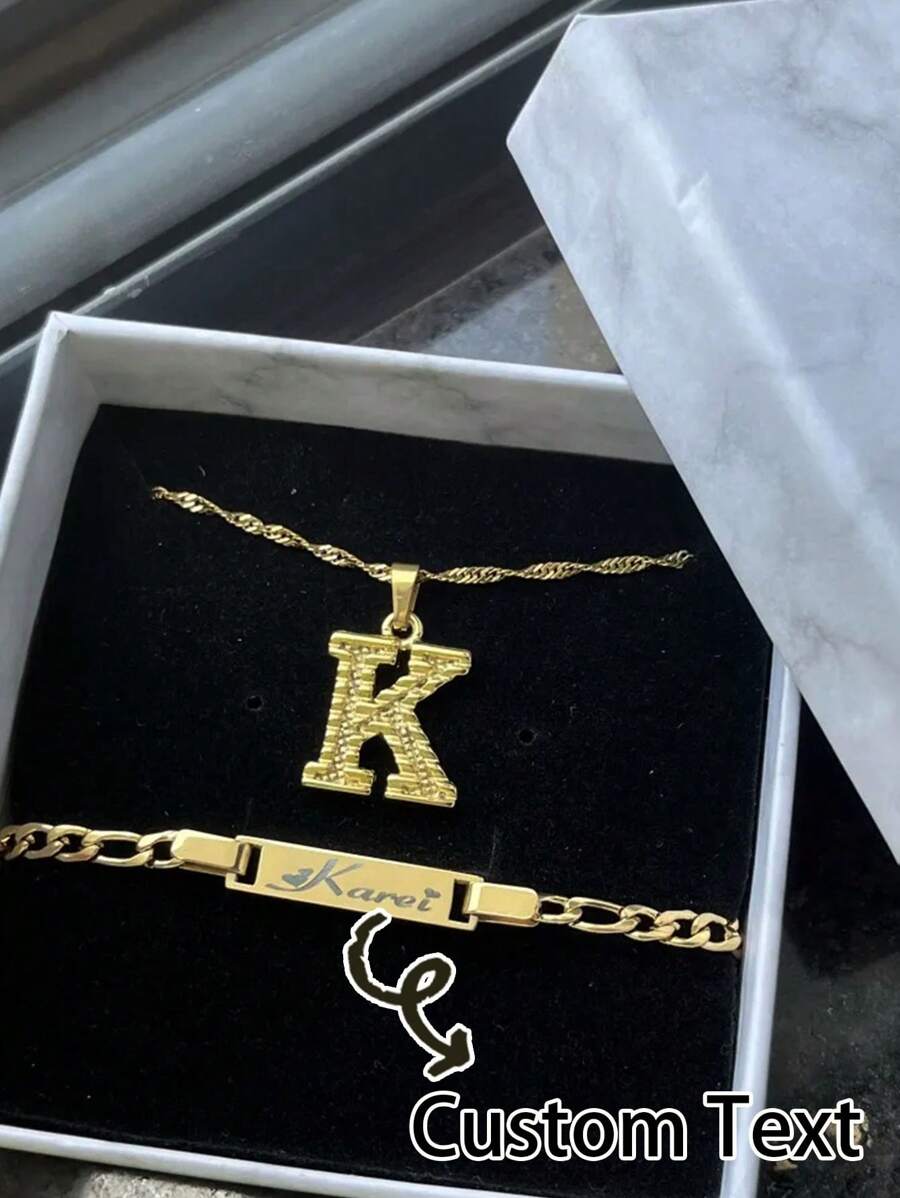 26 Peças Pulseira Personalizada Inicial de Nome em Aço Inoxidável, Presente de Joias para Aniversário e Dia dos Namorados - 18" - Visão 1