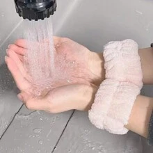 3 件套头带和腕带，1 件头带和 2 件沐浴护腕，现代涤纶蝴蝶结装饰面部化妆头带和腕带 - 粉色 - 查看 4