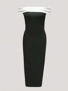 Abito elegante donna midi aderente, con spalle scoperte e blocchi di colore