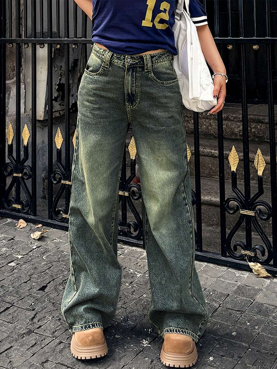 Women's Front Button Pocket Casual Wide-Leg Jeans, Minimalist Design - 復古水洗藍 - 查看 1