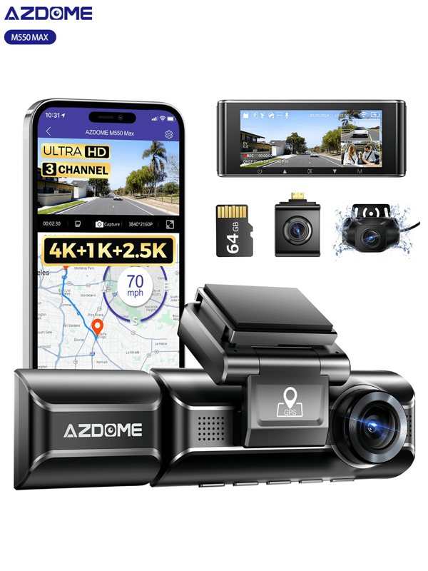 AZDOME M550 Max 4K Dashcam Voiture Avant Arrière Intérieur, 3 Canaux 4K+2.5K+1080P Camera Embarquée Voiture avec Carte SD 64G, Wi-FI, GPS, G-Capteur, Vision Nocturne, 24H Mode Parking