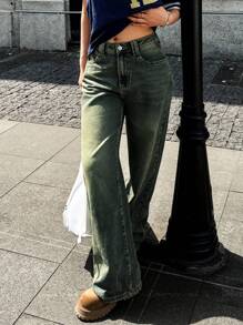 Women's Front Button Pocket Casual Wide-Leg Jeans, Minimalist Design - 復古水洗藍 - 查看 6