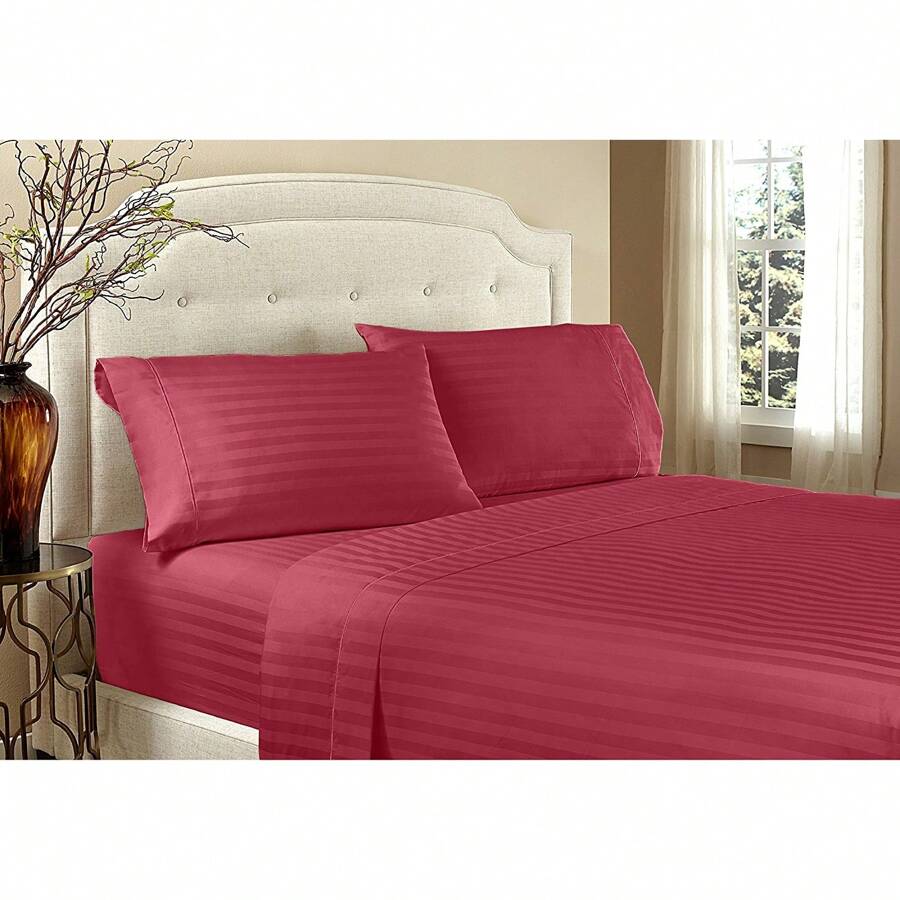 Hotel Collection 1800 Super Soft & Wrinkle Free Luxurious Stripe 6-Piece Sheet Set With Extra Pillowcases - 酒紅色 - 查看 1